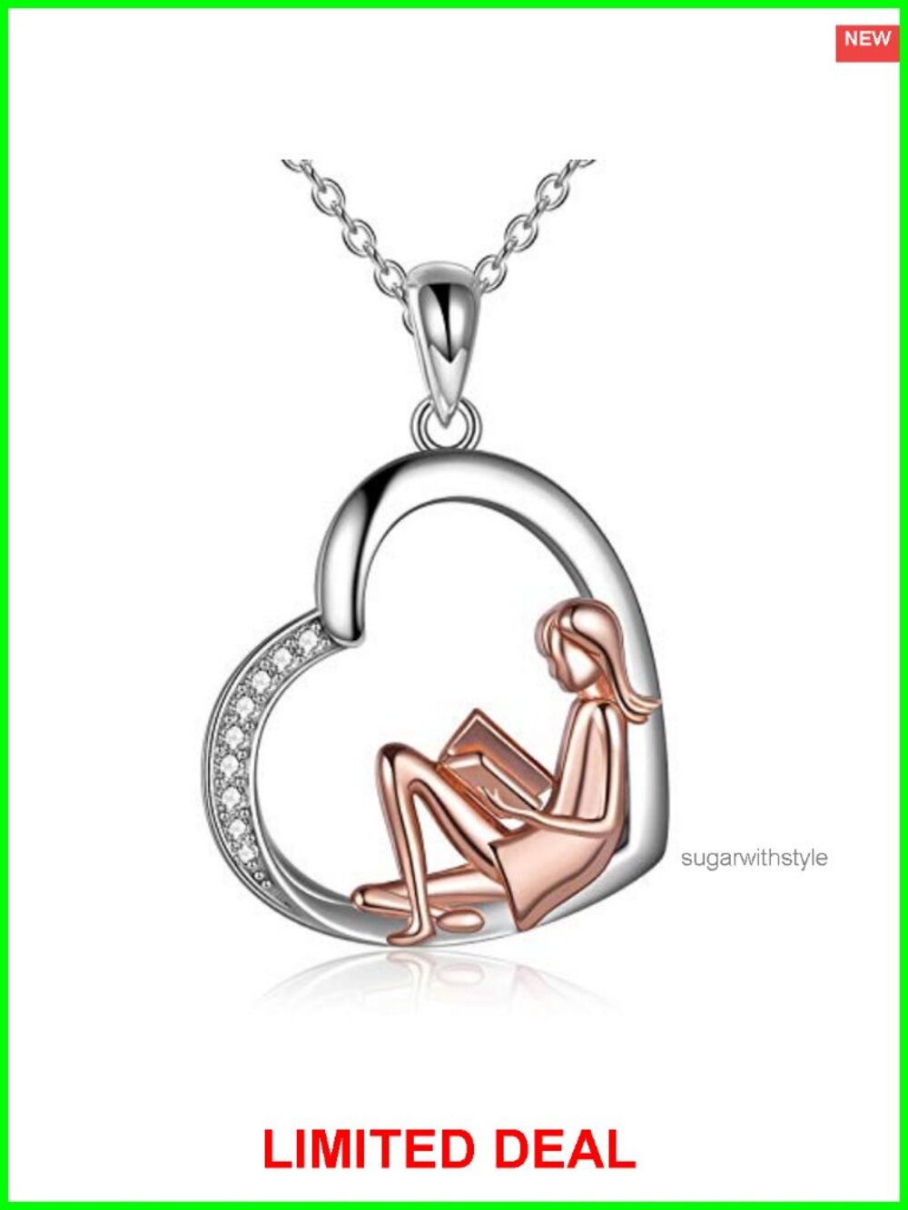 Reading Book Necklace 925 Sterling Silver 18" Chain Gift for Women Book Lover